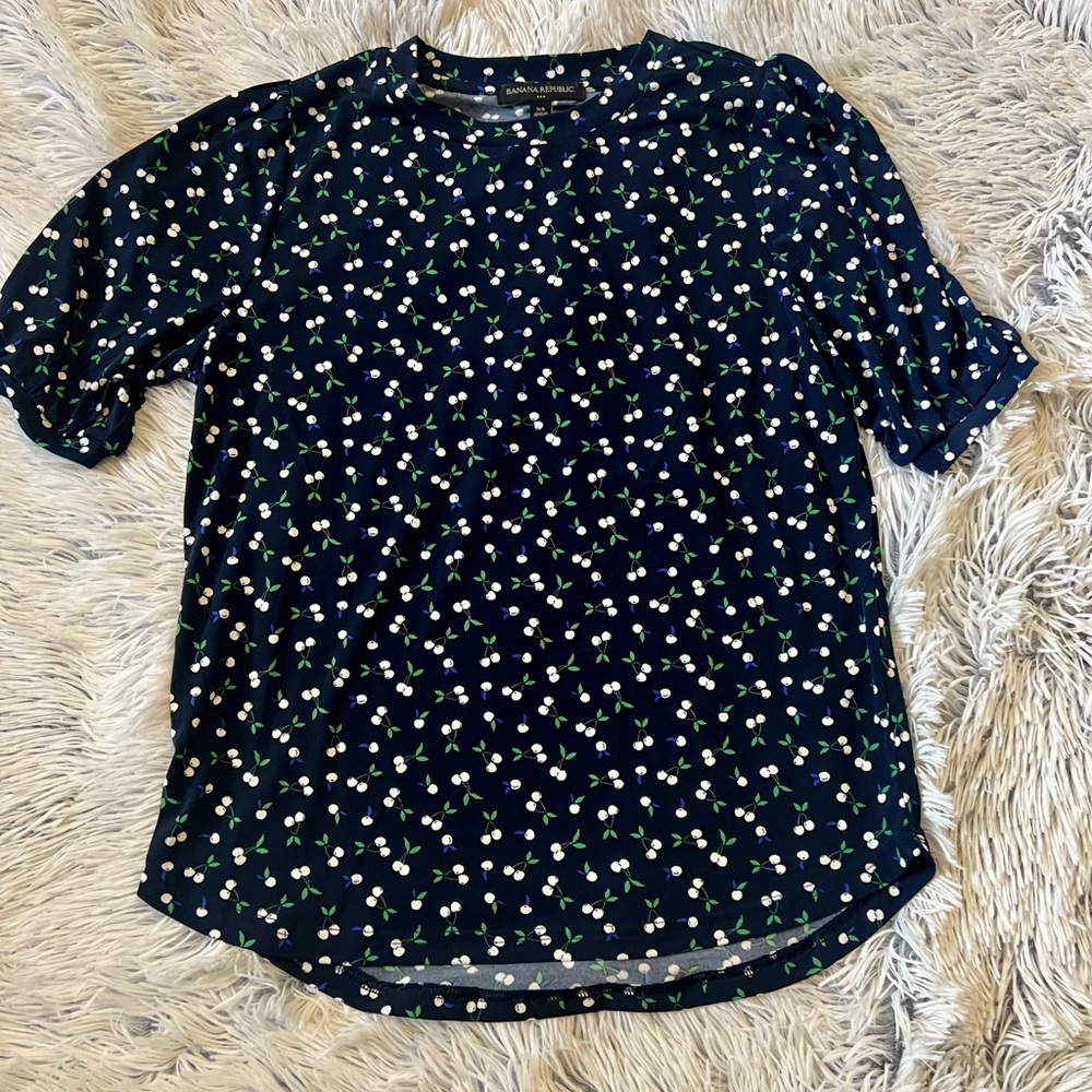 Banana Republic Cherry Printed Navy Short Sleeve Blouse